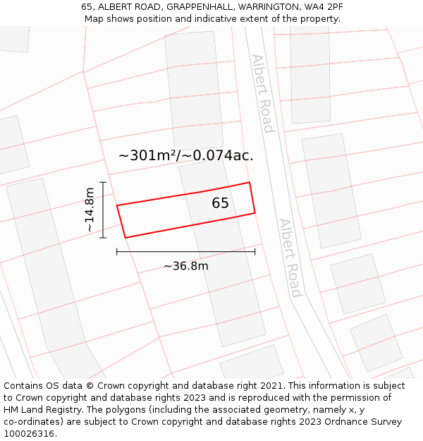 65, ALBERT ROAD, GRAPPENHALL, WARRINGTON, WA4 2PF: Plot and title map