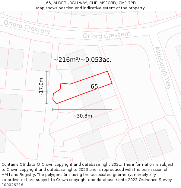 65, ALDEBURGH WAY, CHELMSFORD, CM1 7PB: Plot and title map