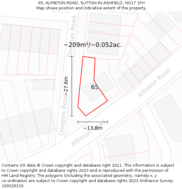 65, ALFRETON ROAD, SUTTON-IN-ASHFIELD, NG17 1FH: Plot and title map