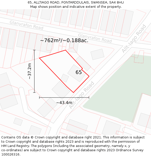 65, ALLTIAGO ROAD, PONTARDDULAIS, SWANSEA, SA4 8HU: Plot and title map