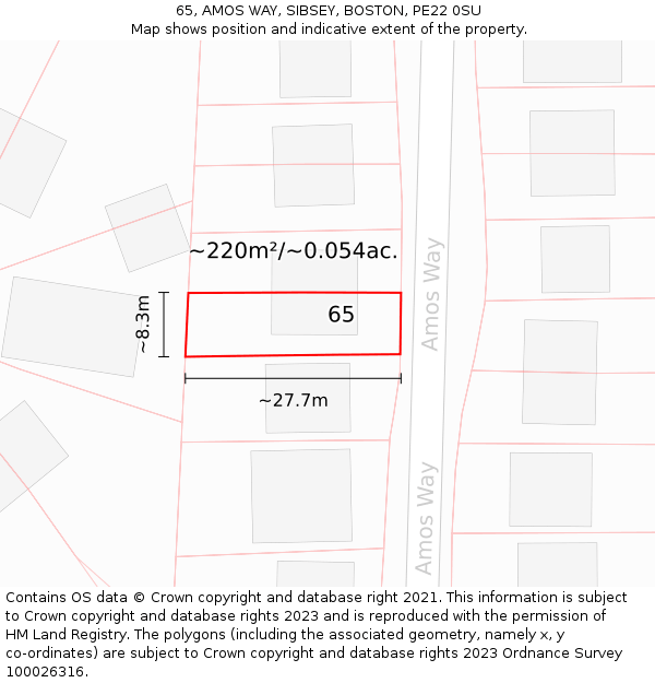 65, AMOS WAY, SIBSEY, BOSTON, PE22 0SU: Plot and title map