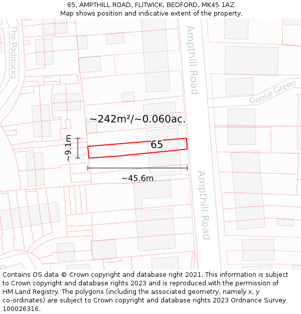 65, AMPTHILL ROAD, FLITWICK, BEDFORD, MK45 1AZ: Plot and title map