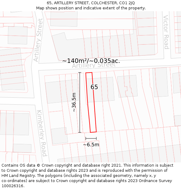 65, ARTILLERY STREET, COLCHESTER, CO1 2JQ: Plot and title map