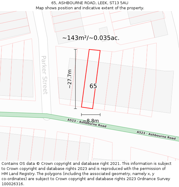 65, ASHBOURNE ROAD, LEEK, ST13 5AU: Plot and title map