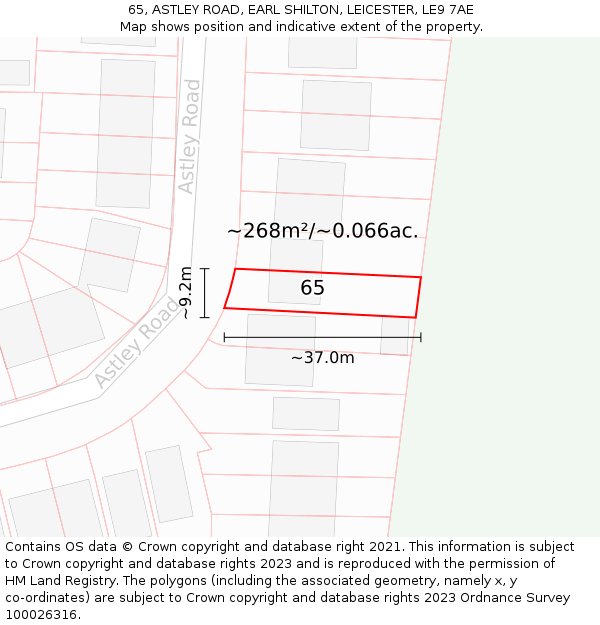 65, ASTLEY ROAD, EARL SHILTON, LEICESTER, LE9 7AE: Plot and title map