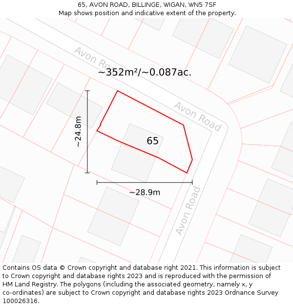 65, AVON ROAD, BILLINGE, WIGAN, WN5 7SF: Plot and title map