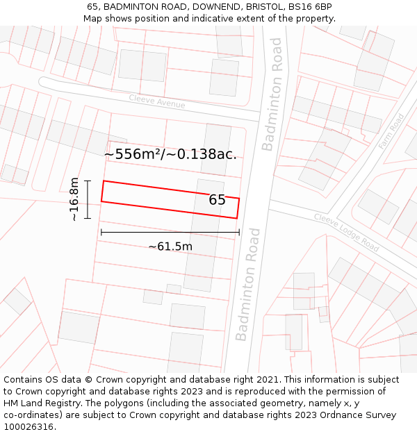 65, BADMINTON ROAD, DOWNEND, BRISTOL, BS16 6BP: Plot and title map