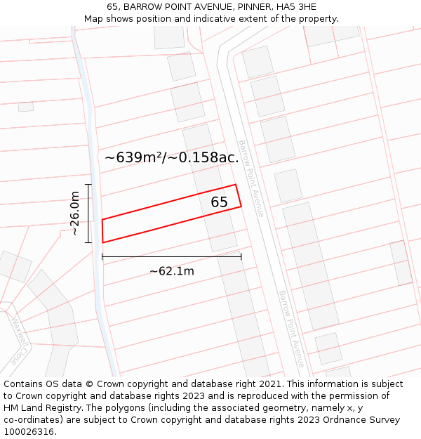 65, BARROW POINT AVENUE, PINNER, HA5 3HE: Plot and title map