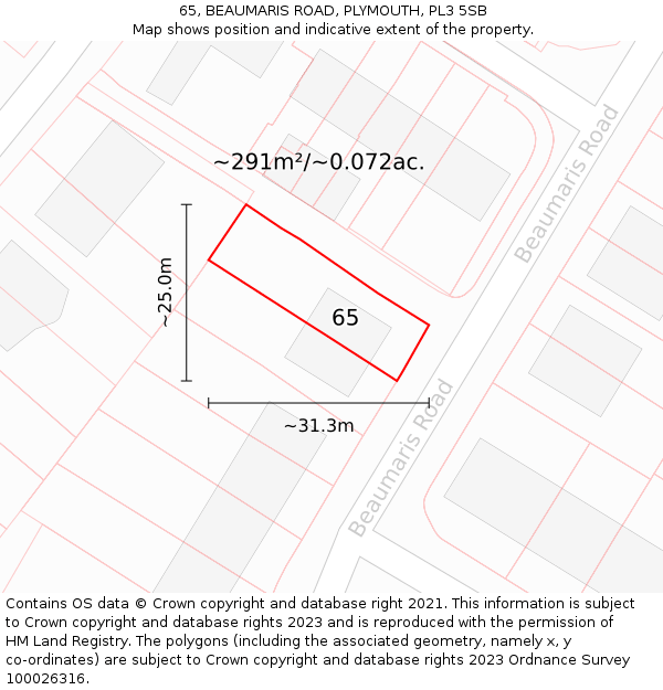 65, BEAUMARIS ROAD, PLYMOUTH, PL3 5SB: Plot and title map