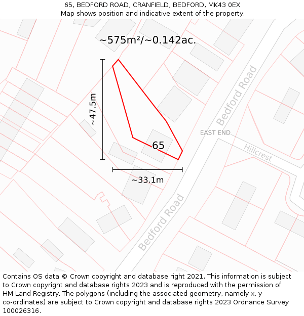 65, BEDFORD ROAD, CRANFIELD, BEDFORD, MK43 0EX: Plot and title map