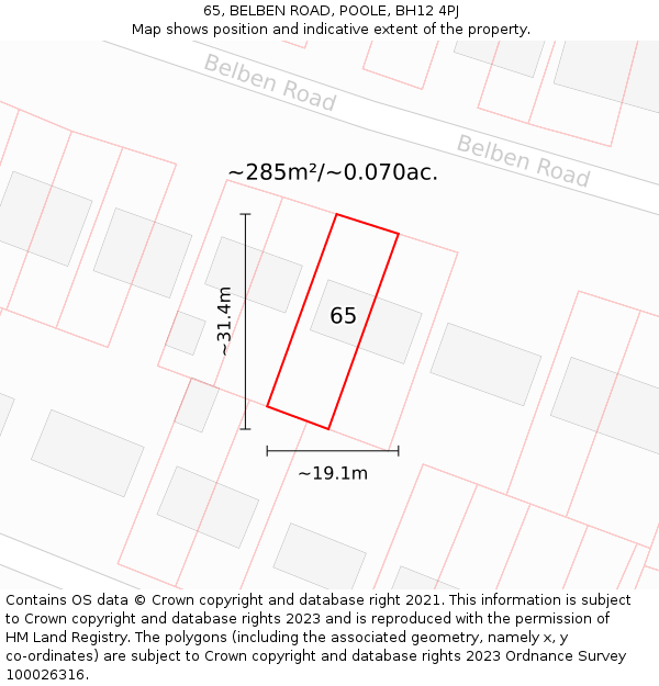 65, BELBEN ROAD, POOLE, BH12 4PJ: Plot and title map