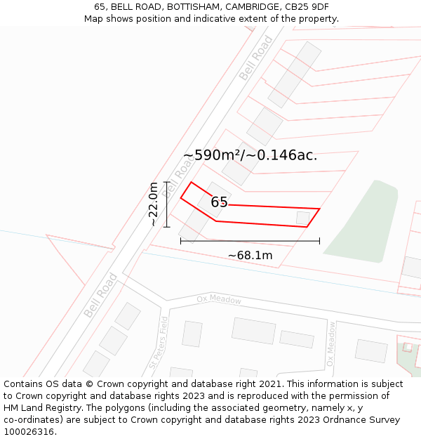 65, BELL ROAD, BOTTISHAM, CAMBRIDGE, CB25 9DF: Plot and title map