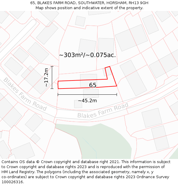 65, BLAKES FARM ROAD, SOUTHWATER, HORSHAM, RH13 9GH: Plot and title map