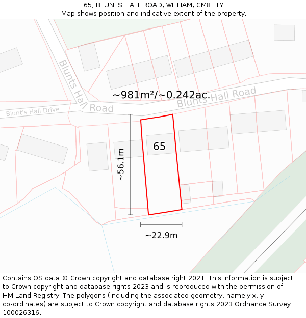 65, BLUNTS HALL ROAD, WITHAM, CM8 1LY: Plot and title map