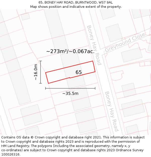 65, BONEY HAY ROAD, BURNTWOOD, WS7 9AL: Plot and title map