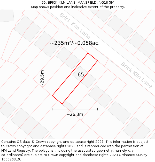 65, BRICK KILN LANE, MANSFIELD, NG18 5JY: Plot and title map