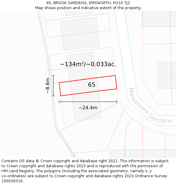 65, BROOK GARDENS, EMSWORTH, PO10 7JZ: Plot and title map