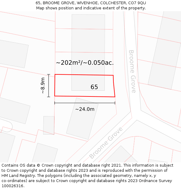 65, BROOME GROVE, WIVENHOE, COLCHESTER, CO7 9QU: Plot and title map