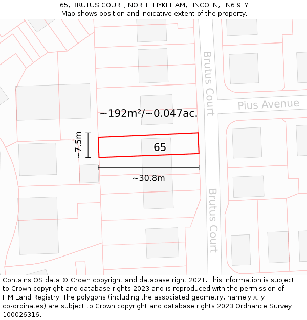 65, BRUTUS COURT, NORTH HYKEHAM, LINCOLN, LN6 9FY: Plot and title map