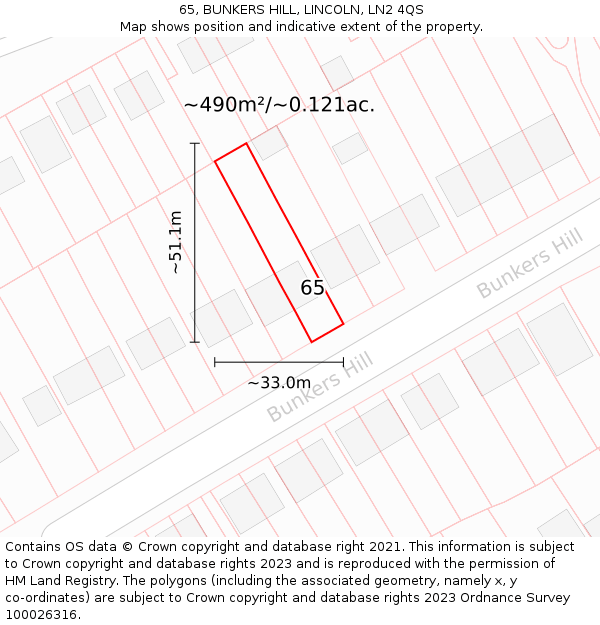 65, BUNKERS HILL, LINCOLN, LN2 4QS: Plot and title map