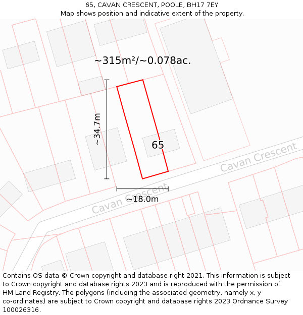 65, CAVAN CRESCENT, POOLE, BH17 7EY: Plot and title map