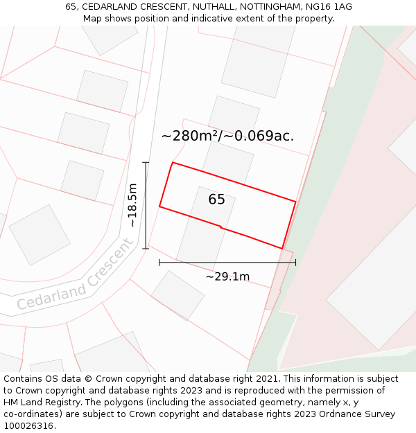 65, CEDARLAND CRESCENT, NUTHALL, NOTTINGHAM, NG16 1AG: Plot and title map