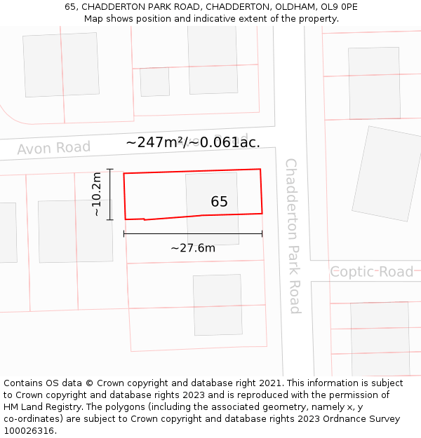 65, CHADDERTON PARK ROAD, CHADDERTON, OLDHAM, OL9 0PE: Plot and title map