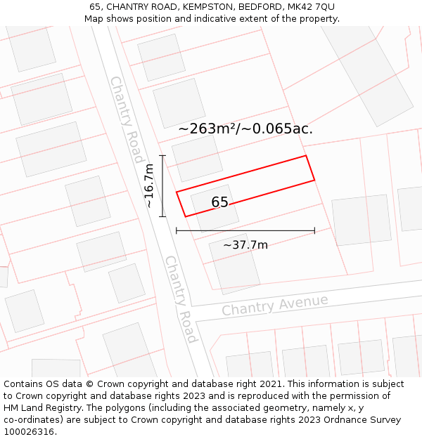 65, CHANTRY ROAD, KEMPSTON, BEDFORD, MK42 7QU: Plot and title map