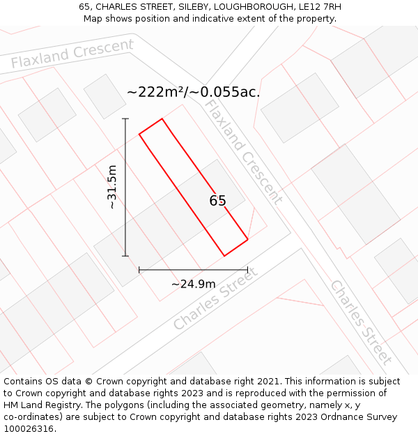 65, CHARLES STREET, SILEBY, LOUGHBOROUGH, LE12 7RH: Plot and title map