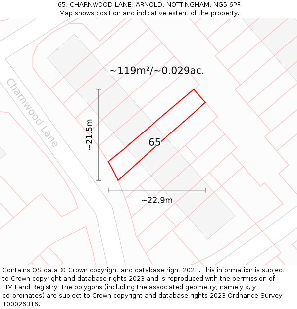 65, CHARNWOOD LANE, ARNOLD, NOTTINGHAM, NG5 6PF: Plot and title map