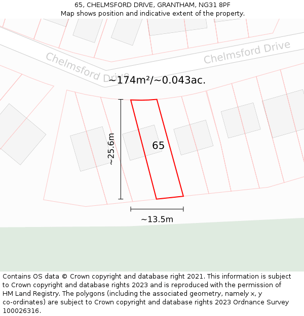 65, CHELMSFORD DRIVE, GRANTHAM, NG31 8PF: Plot and title map