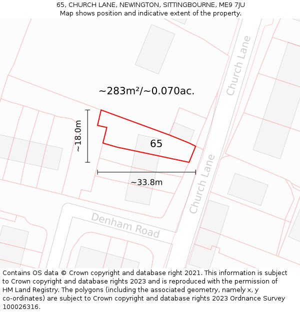 65, CHURCH LANE, NEWINGTON, SITTINGBOURNE, ME9 7JU: Plot and title map