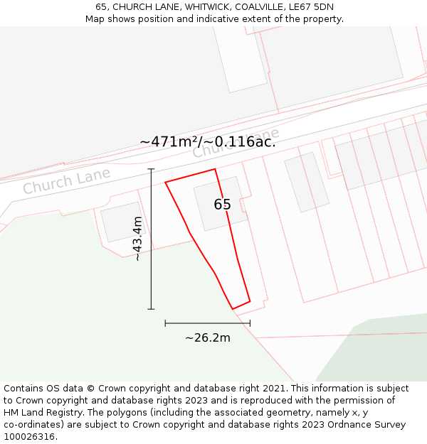 65, CHURCH LANE, WHITWICK, COALVILLE, LE67 5DN: Plot and title map