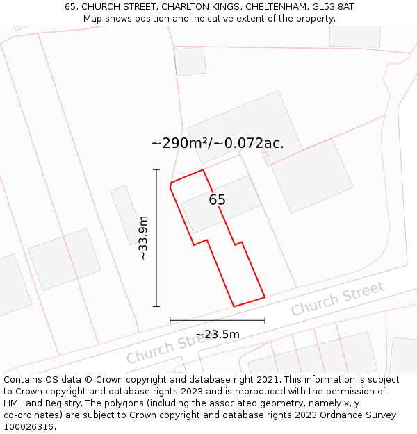 65, CHURCH STREET, CHARLTON KINGS, CHELTENHAM, GL53 8AT: Plot and title map