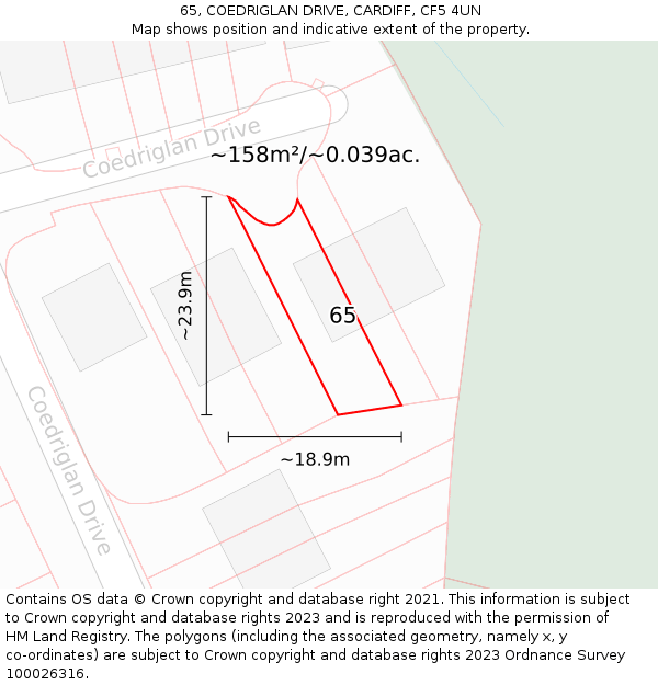 65, COEDRIGLAN DRIVE, CARDIFF, CF5 4UN: Plot and title map