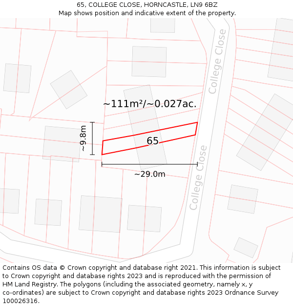 65, COLLEGE CLOSE, HORNCASTLE, LN9 6BZ: Plot and title map