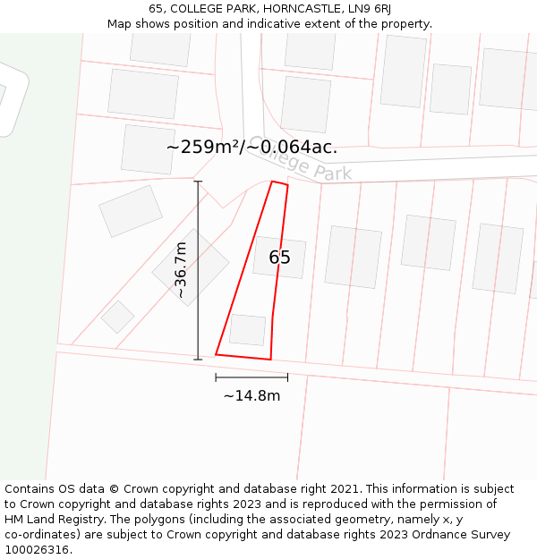 65, COLLEGE PARK, HORNCASTLE, LN9 6RJ: Plot and title map