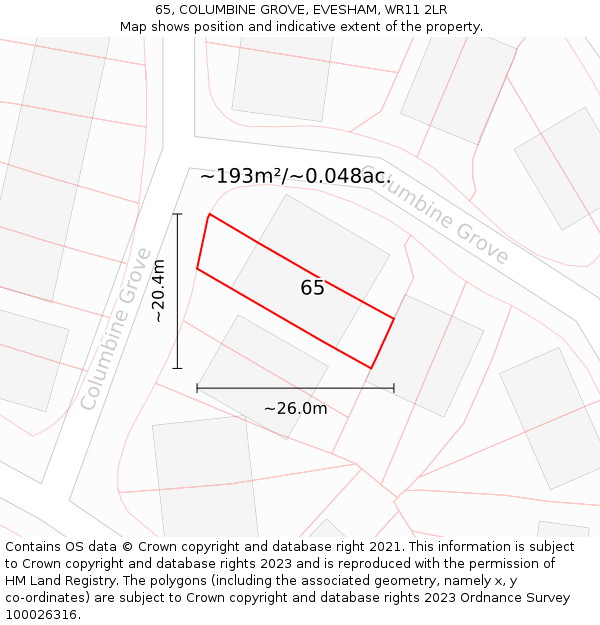 65, COLUMBINE GROVE, EVESHAM, WR11 2LR: Plot and title map