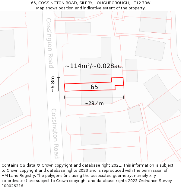 65, COSSINGTON ROAD, SILEBY, LOUGHBOROUGH, LE12 7RW: Plot and title map