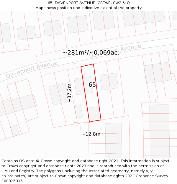 65, DAVENPORT AVENUE, CREWE, CW2 6LQ: Plot and title map