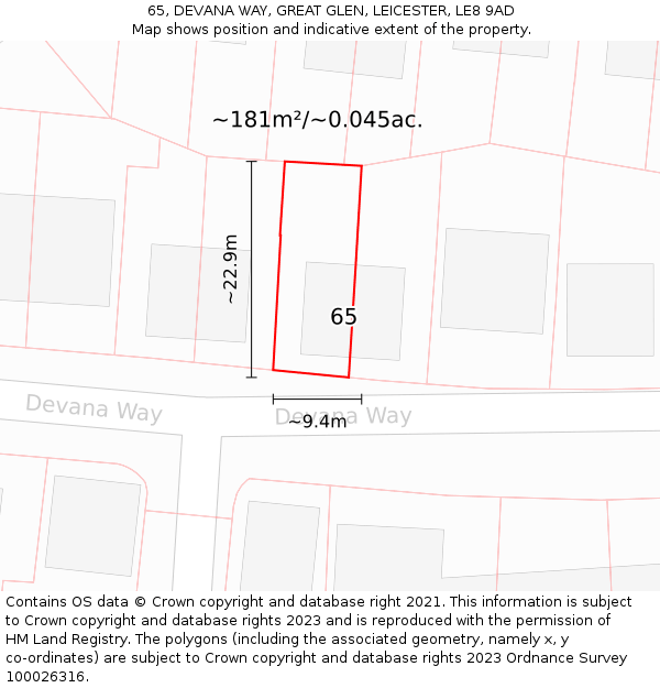 65, DEVANA WAY, GREAT GLEN, LEICESTER, LE8 9AD: Plot and title map