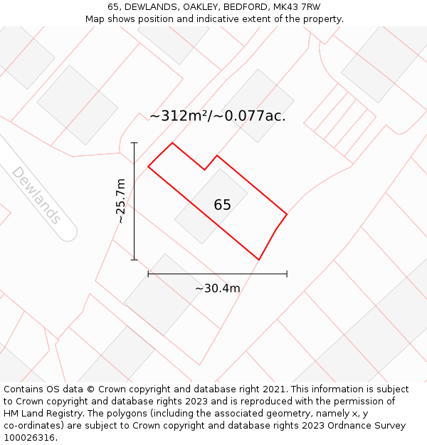 65, DEWLANDS, OAKLEY, BEDFORD, MK43 7RW: Plot and title map