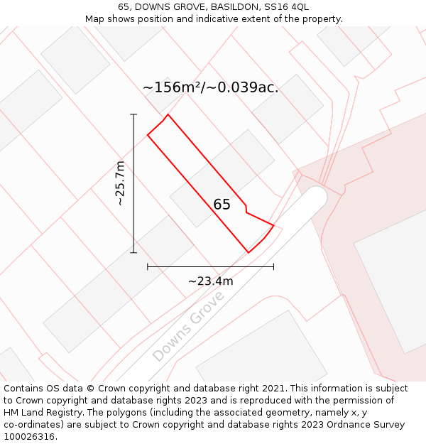 65, DOWNS GROVE, BASILDON, SS16 4QL: Plot and title map