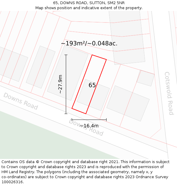 65, DOWNS ROAD, SUTTON, SM2 5NR: Plot and title map