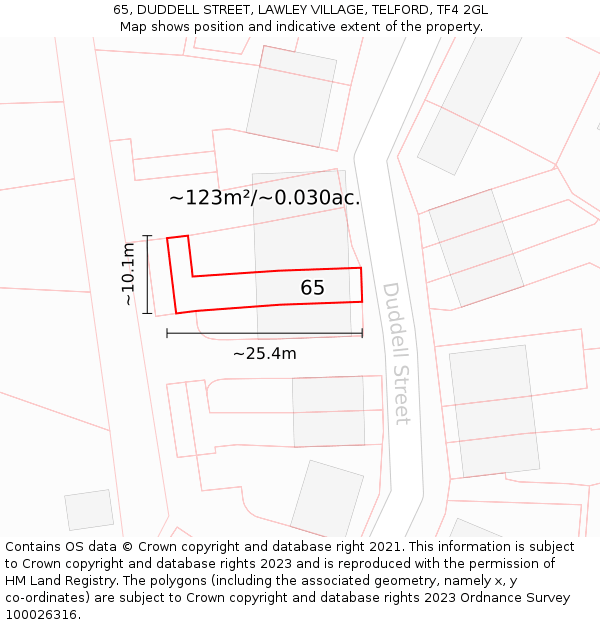 65, DUDDELL STREET, LAWLEY VILLAGE, TELFORD, TF4 2GL: Plot and title map