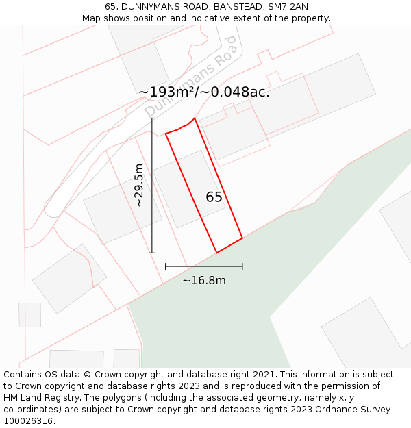 65, DUNNYMANS ROAD, BANSTEAD, SM7 2AN: Plot and title map