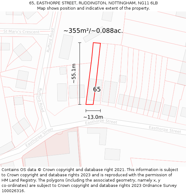 65, EASTHORPE STREET, RUDDINGTON, NOTTINGHAM, NG11 6LB: Plot and title map