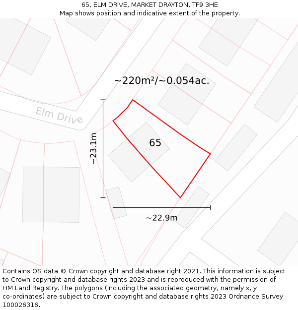 65, ELM DRIVE, MARKET DRAYTON, TF9 3HE: Plot and title map