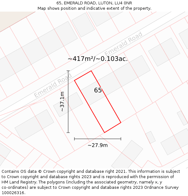 65, EMERALD ROAD, LUTON, LU4 0NR: Plot and title map