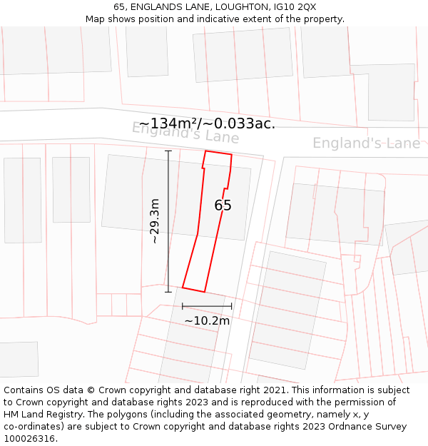 65, ENGLANDS LANE, LOUGHTON, IG10 2QX: Plot and title map